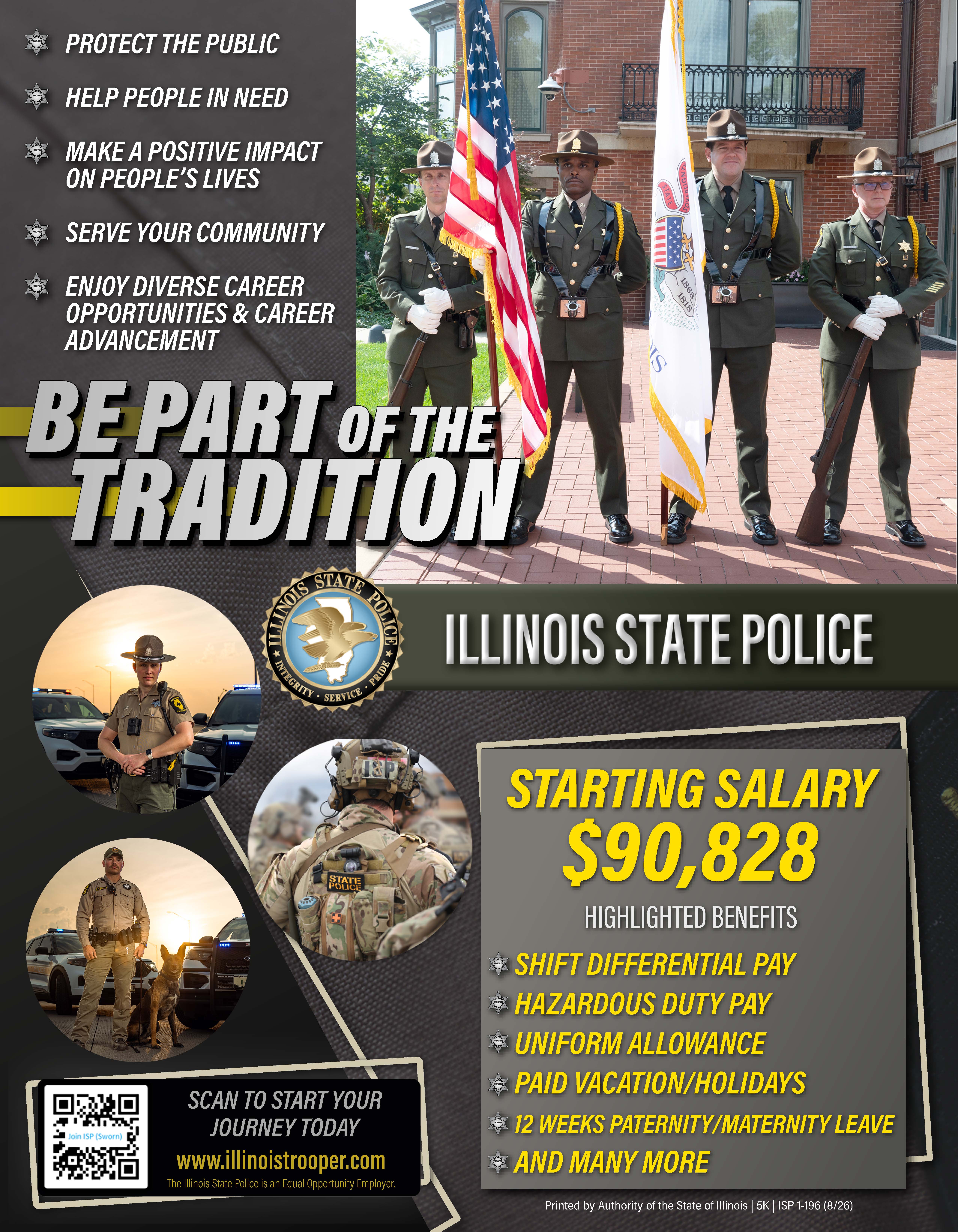 Illinois State Police recruitment flyer promoting careers as an Illinois State Trooper.